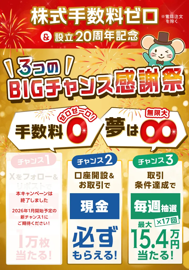 [株式手数料ゼロ＆設立20周年記念]手数料ゼロゼーロ！夢は無限大 3つのBIGチャンス感謝祭 チャンス1:Xをフォロー＆リポストで年末ジャンボ宝くじ券最大1万枚当たる！ チャンス2:口座開設＆お取引で現金必ずもらえる！ チャンス3:取引条件達成で毎週抽選最大15.4万円当たる！
