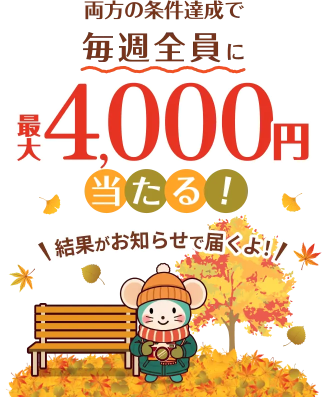 両方の条件達成で毎週全員に最大4,000円が当たる！抽選結果がお知らせで届くよ！