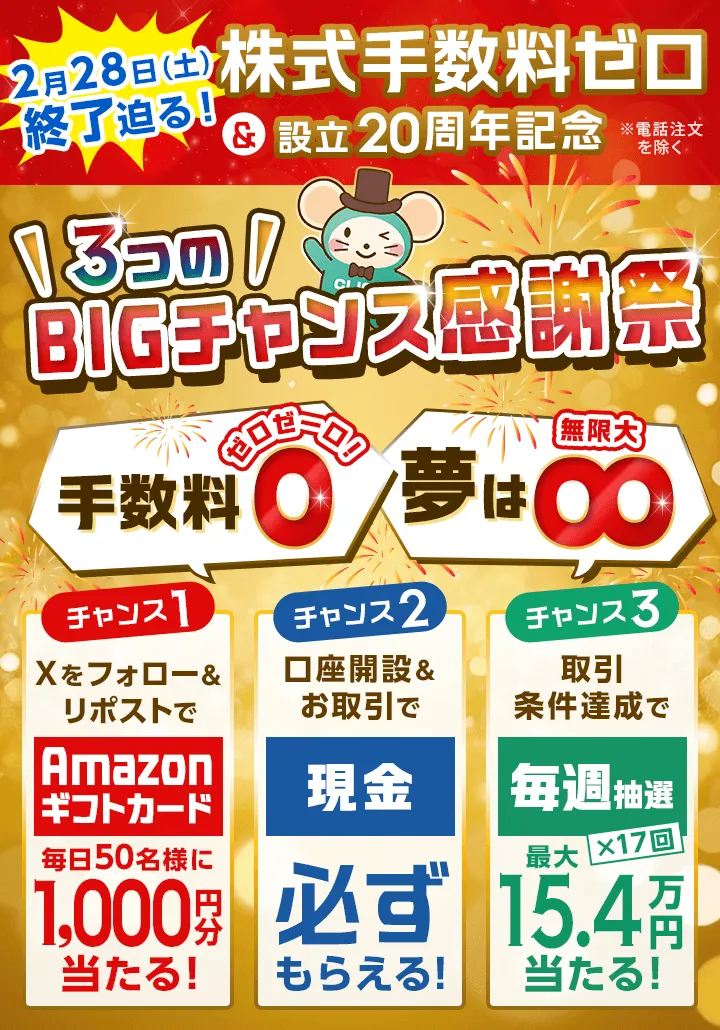 [株式手数料ゼロ＆設立20周年記念]手数料ゼロゼーロ！夢は無限大 3つのBIGチャンス感謝祭 チャンス1:Xをフォロー＆リポストでAmazonギフトカード毎日50名様に1,000円分当たる！ チャンス2:口座開設＆お取引で現金必ずもらえる！ チャンス3:取引条件達成で毎週抽選最大15.4万円当たる！