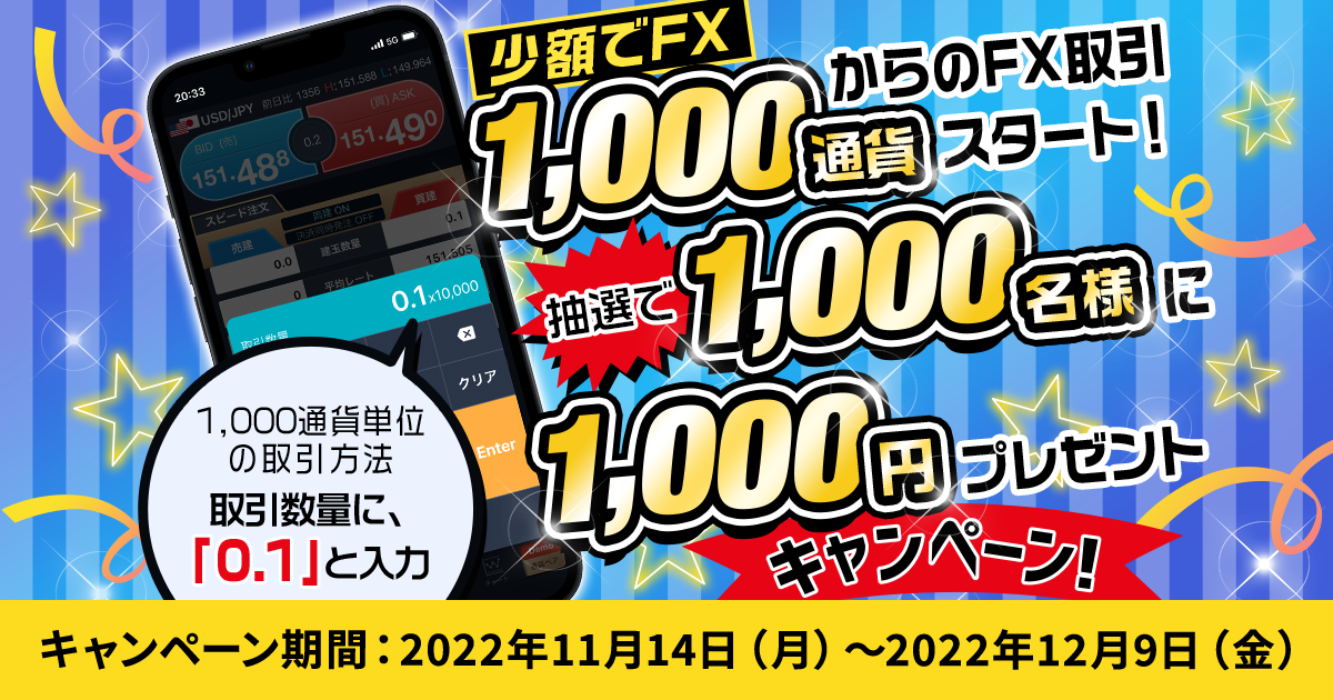 1,000通貨からのFX取引スタート記念！抽選で1,000名様に1,000円